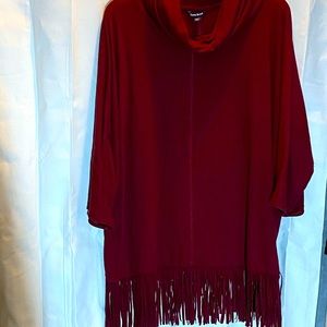 Burgundy cowl neck top with fringed bottom